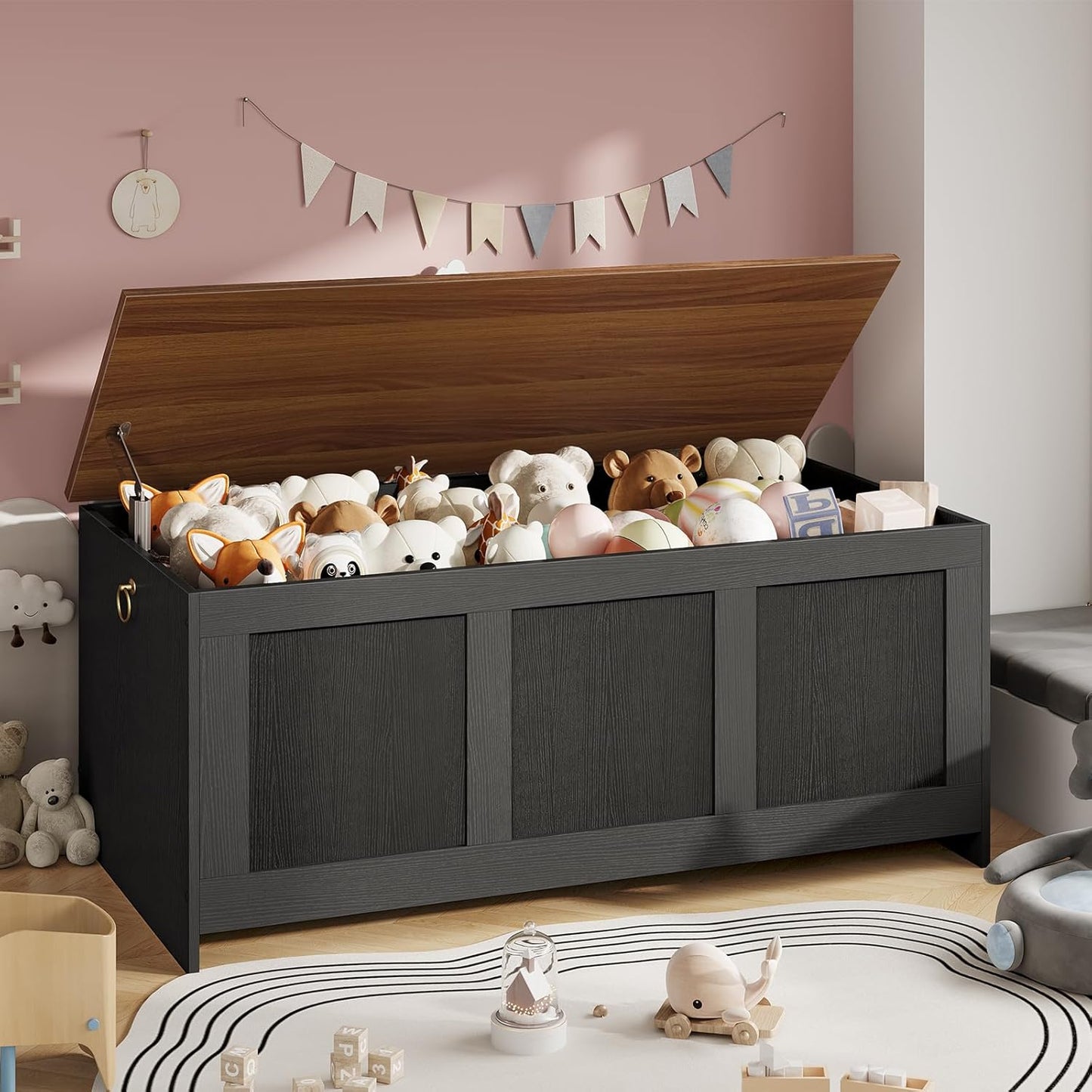 HOOBRO Storage Bench, 43.3" Retro Wooden Storage Chest, Wooden Storage Trunk, Toy Chest with Lift Top, Multifunctional Entryway Organizer, for Entryway, Living Room, Black and Walnut BH411CW01