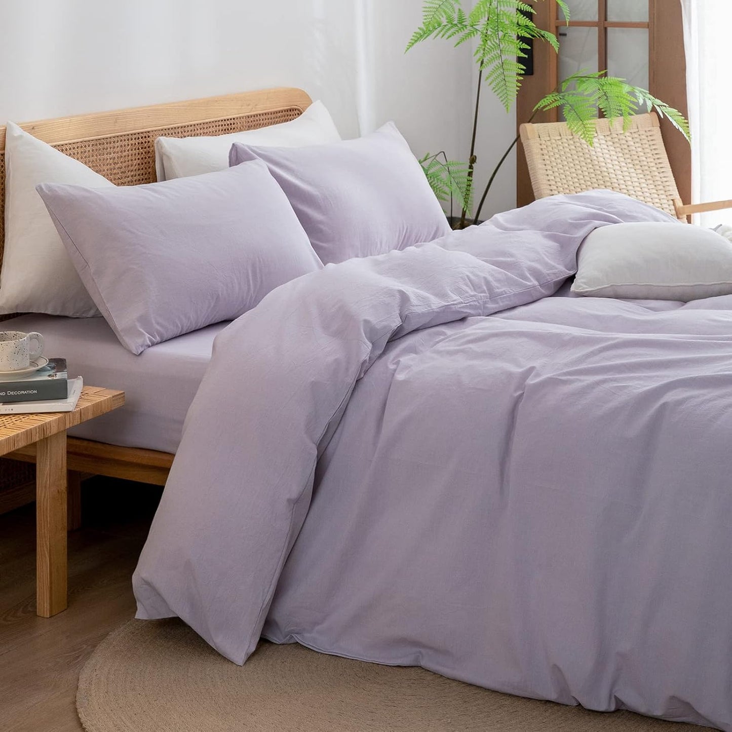 BESTOUCH Duvet Cover Set 100% Washed Cotton Linen Feel Super Soft Comfortable Chic Lightweight 3 PCs Home Bedding Set Solid Taro Purple Full/Double