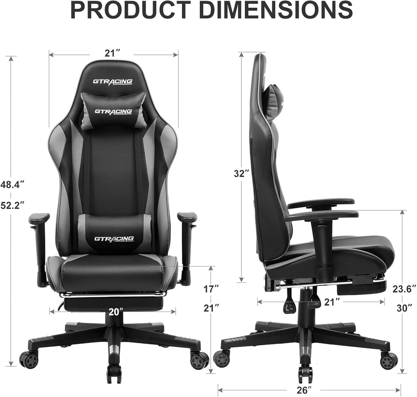 GTRACING Gaming Chair with Footrest, Ergonomic Computer Game Desk Chair, Reclining Gamer Chair Seat Height Adjustment, Swivel Rocker with Headrest and Lumbar (Gray)
