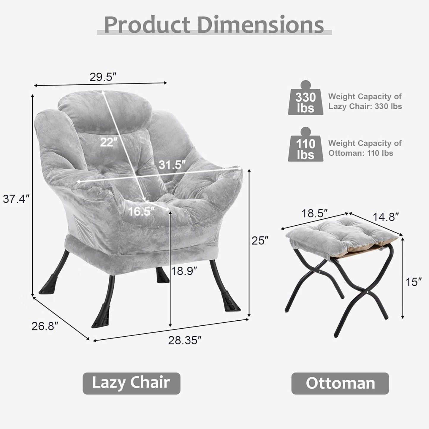 Fabric Lazy Chair with Ottoman, Oversized Upholstered Sofa Chair for Adults, Plush Comfy Lounge Chair with Large Side Storage Pocket, Reading Chair for Living Room, Bedroom, Dorm, Light Gray
