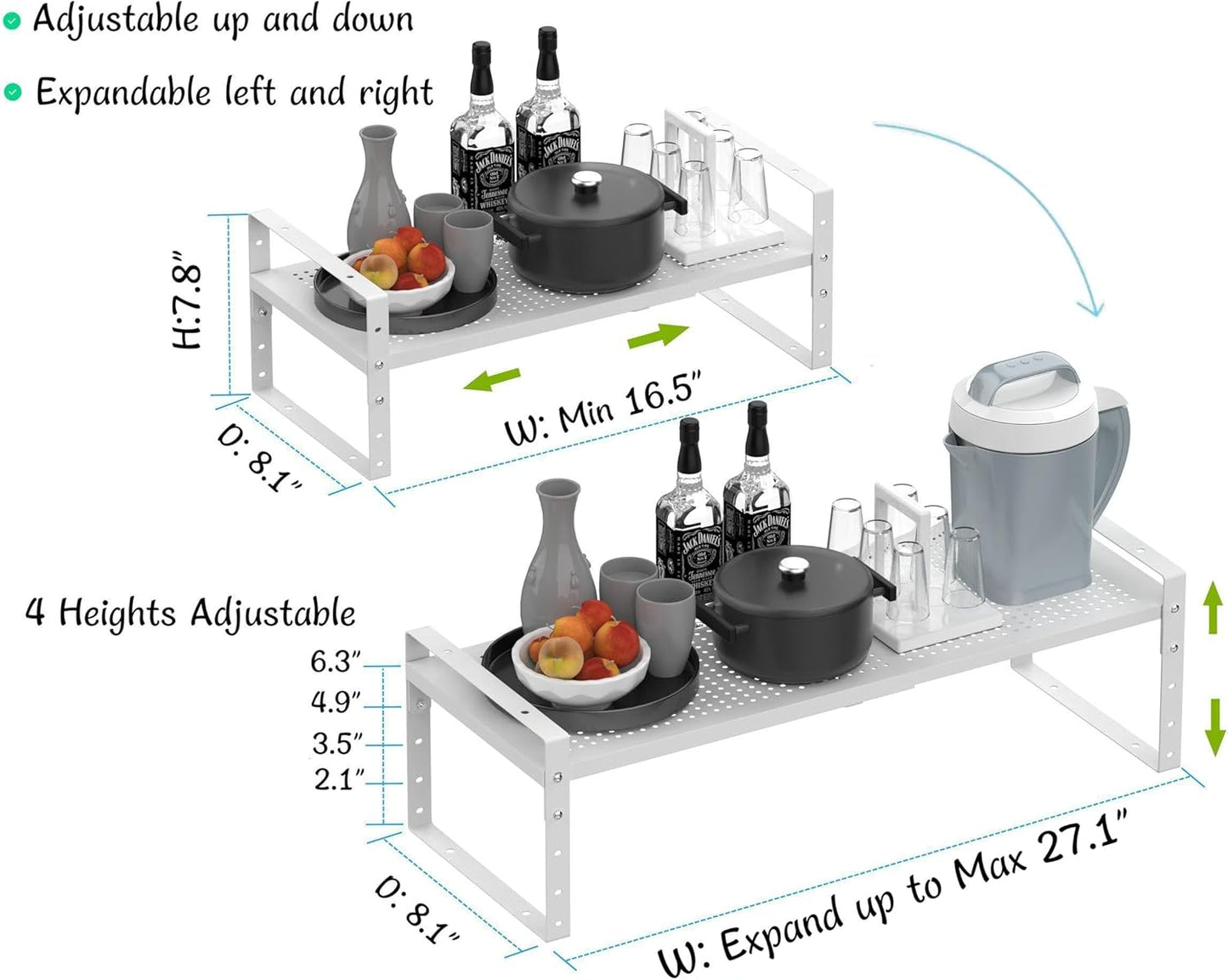 Expandable Stackable Aadjustable Shoe Rack Pantry Shelf for Kitchen Cabinets Counter Shelves Countertop Cupboard Storage Solution,Sturdy Heavy-Duty Metal Construction(1Pack/White/Medium)