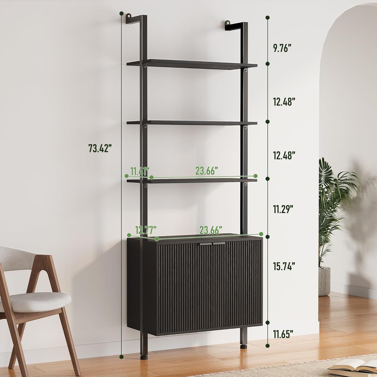 74" Tall Bookshelf with Storage Cabinet, Modern Ladder Shelf with Wood and Metal Frame, Wall Mount Bookcase Open Display Shelf Furniture for Living Room, Bedroom, Home Office，Black