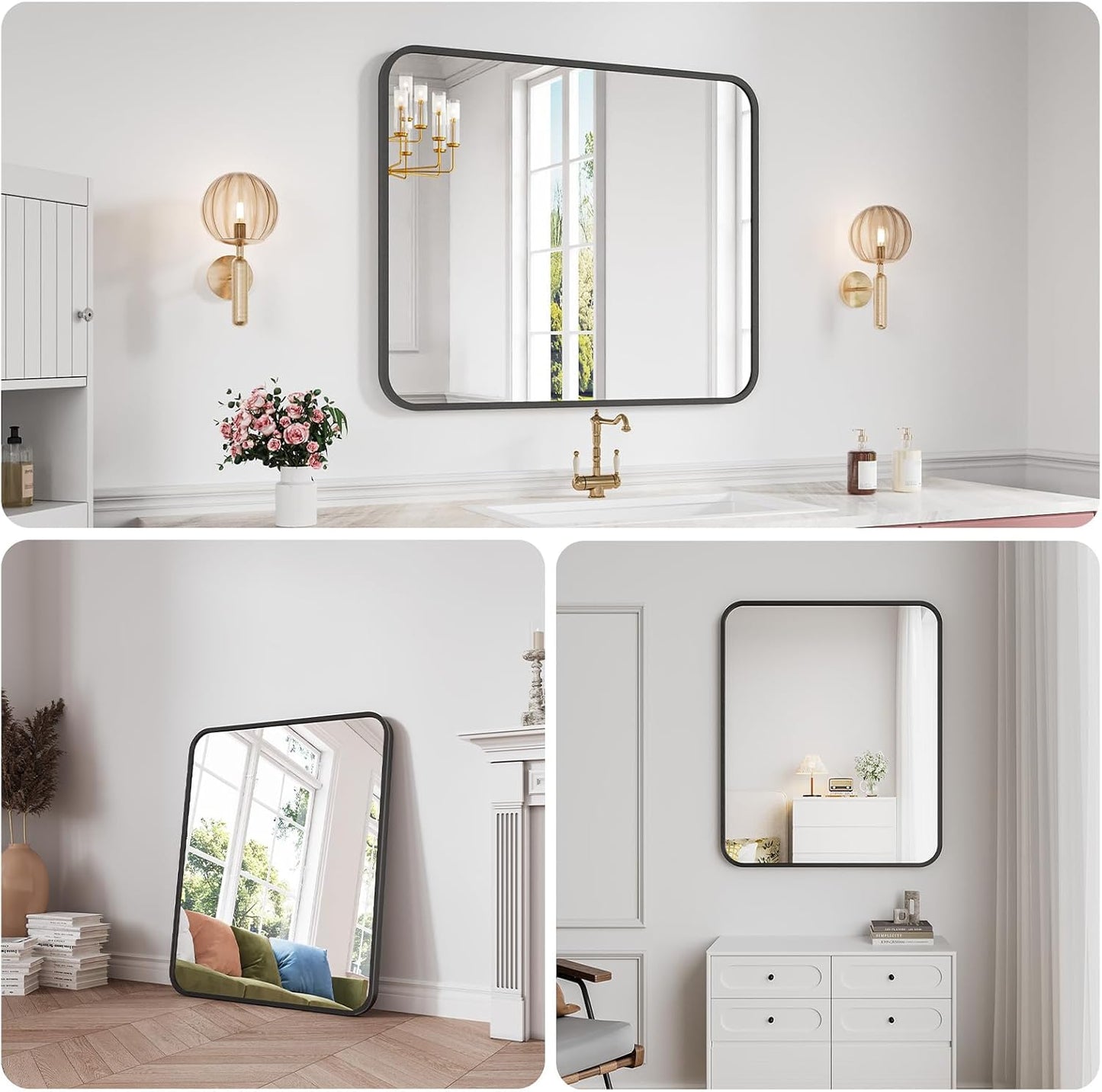 Koonmi Bathroom Mirror, 30X30 Inch Black Metal Framed Mirror for Bathroom, Tempered Glass, Anti-Rust, Rounded Rectangle Mirror for Restroom, Bedroom, Black