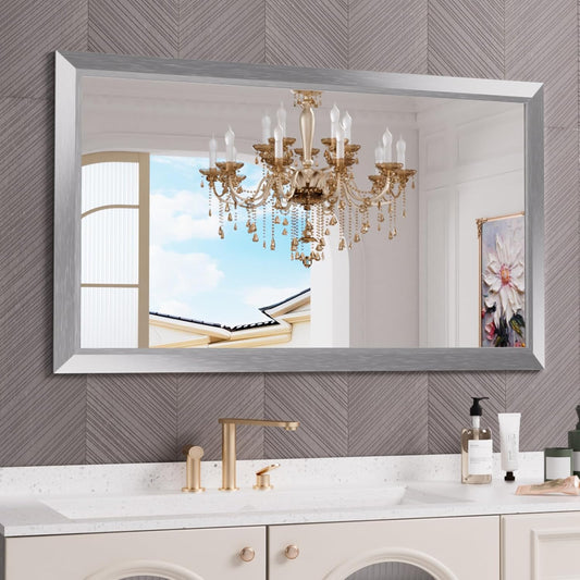 Amorho 50 X30 Inch Bathroom Mirror Silver, Thick Metal Framed Wall Mirrors for Over Sink, Brushed Nickel Mirror Perfect for Bedroom, Living Room, Entryway, Rectangle (Horizontal/Vertical).