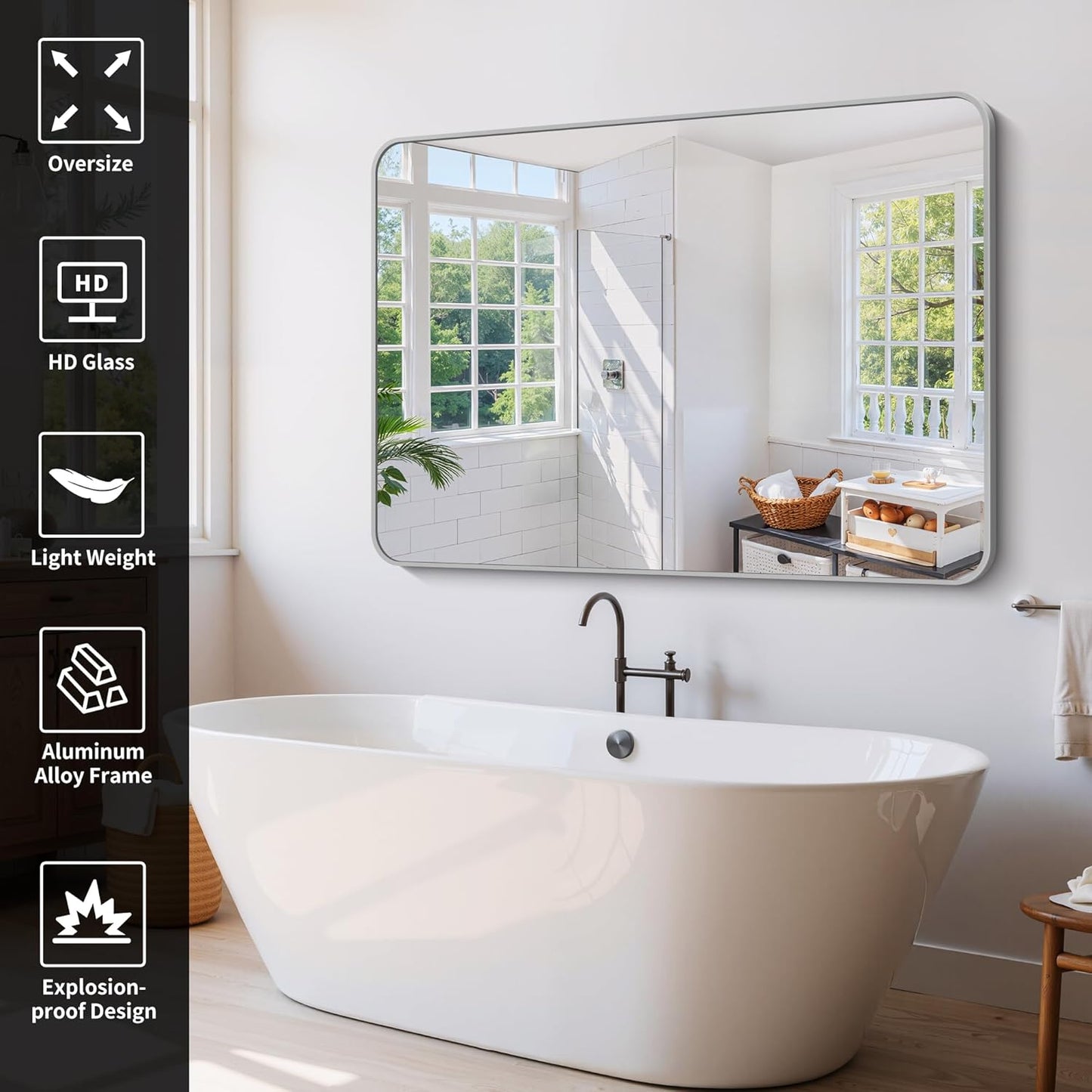 60x40 Inch Silver Bathroom Mirror, Large Rectangle Mirror, Metal Framed Rectangular Vanity Mirror, Rounded Corner Wall Mounted Mirror for Living Room Bedroom Entryway Horizontal or Vertical