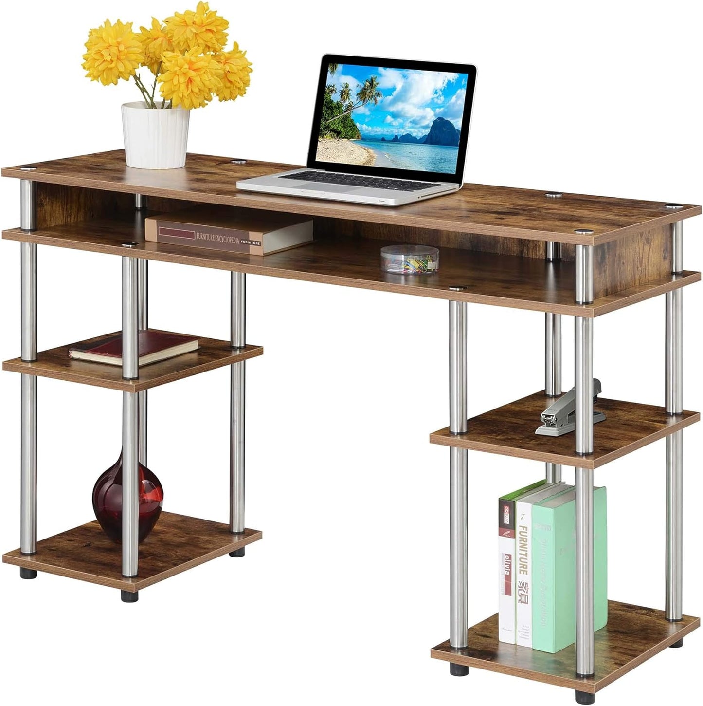 Convenience Concepts Designs2Go No Tools Desk Home Office Desk with Shelves, Corner Shelf Vanity Desk Computer Desk Nail Table for Nail Tech - 47.25" L x 15.75" W x 30" H, Barnwood