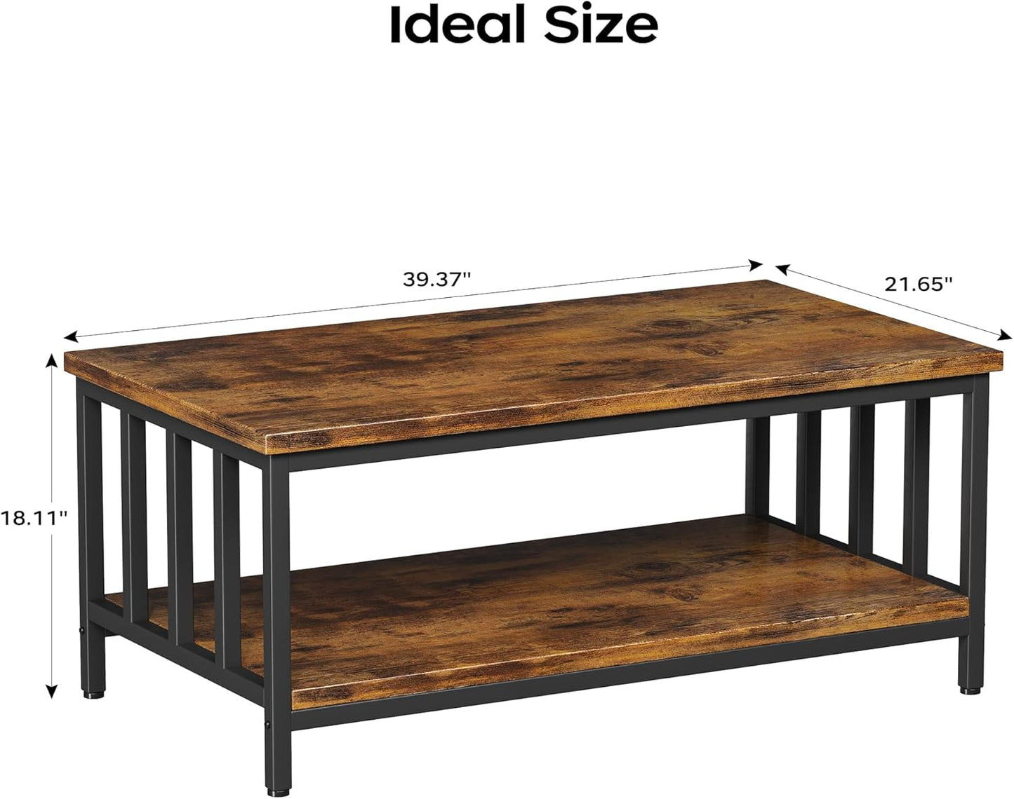 Homeiju Coffee Table for Living Room, Farmhouse Living Room Table with Slatted Sides Frame for Home Office, Apartment, 39 inch Rustic Black and Brown