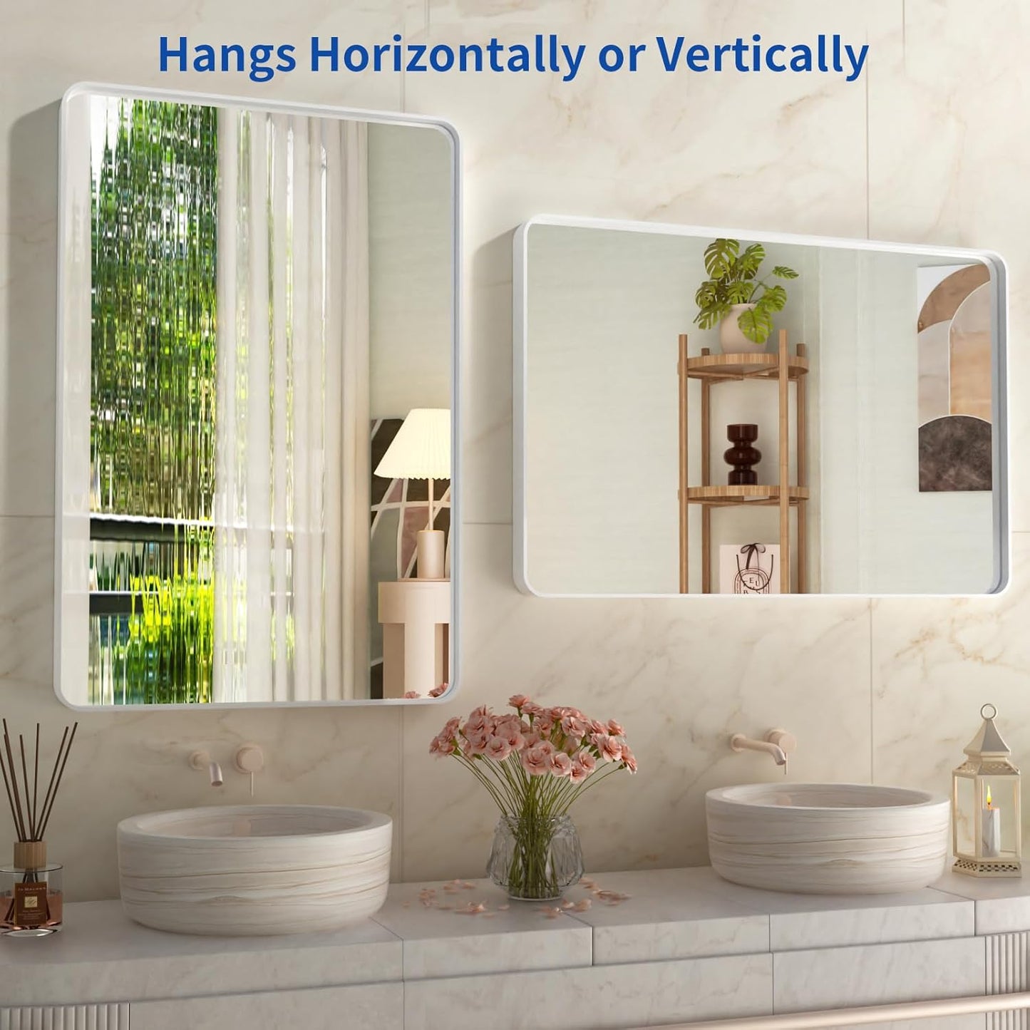 WEER White Bathroom Mirror 24X36 Inch, Rounded Rectangle White Metal Frame Mirror, Matte White Bathroom Vanity Mirror with Tempered Glass, Anti-Rust, Hangs Horizontally or Vertically