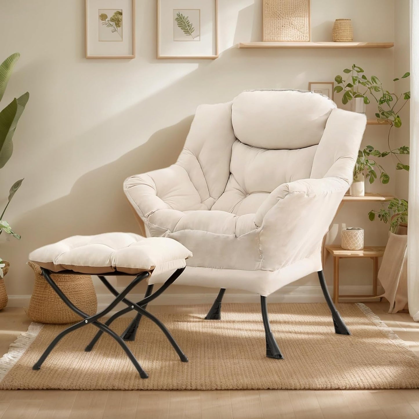 Lazy Chair with Ottoman, Large Modern Lounge Accent Chair with Armrests and Footrest, Reading Armchair with Ottoman, Leisure Sofa Chair for Living Room, Bedroom, Dorm Room, Office（Beige）