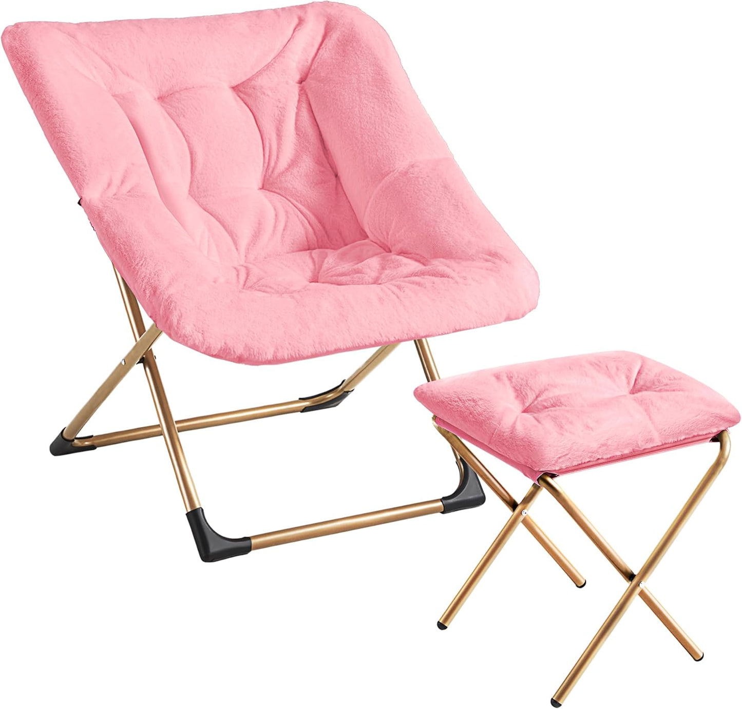 Comfy Oversized Saucer Chair with Ottoman,Soft Faux Fur Reading Lounge Chair for Adults,Stable X-Large Metal Frame and Non-Slip Pad,Cozy Chair for Bedroom, Living Room, Dorm, Office, Pink