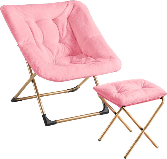 Comfy Oversized Saucer Chair with Ottoman,Soft Faux Fur Reading Lounge Chair for Adults,Stable X-Large Metal Frame and Non-Slip Pad,Cozy Chair for Bedroom, Living Room, Dorm, Office, Pink