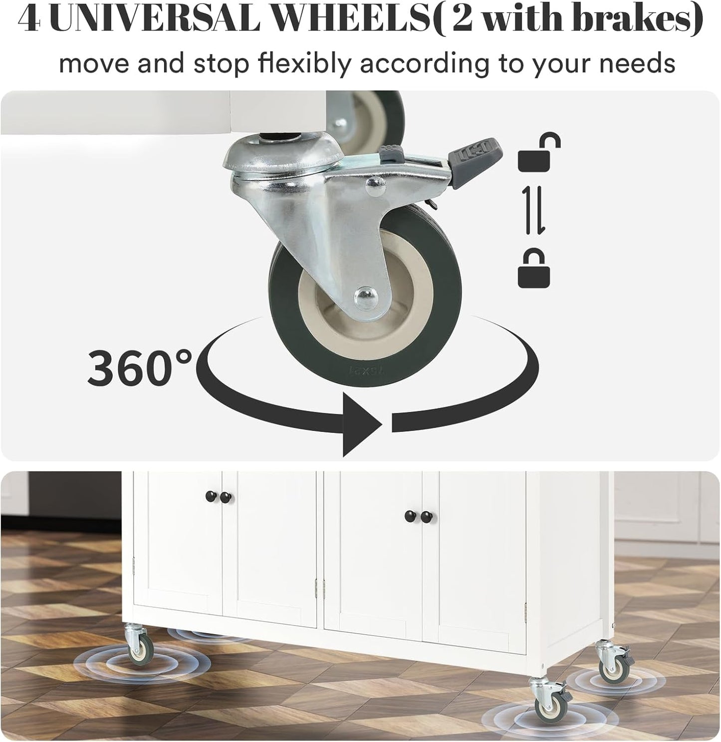 Rovibek Kitchen Island on Wheels Large in Rolling Island Wood Mobile Portable Kitchen Islands White with Drawers Cabinet Spice Rack Towel Rack Storage Pure White