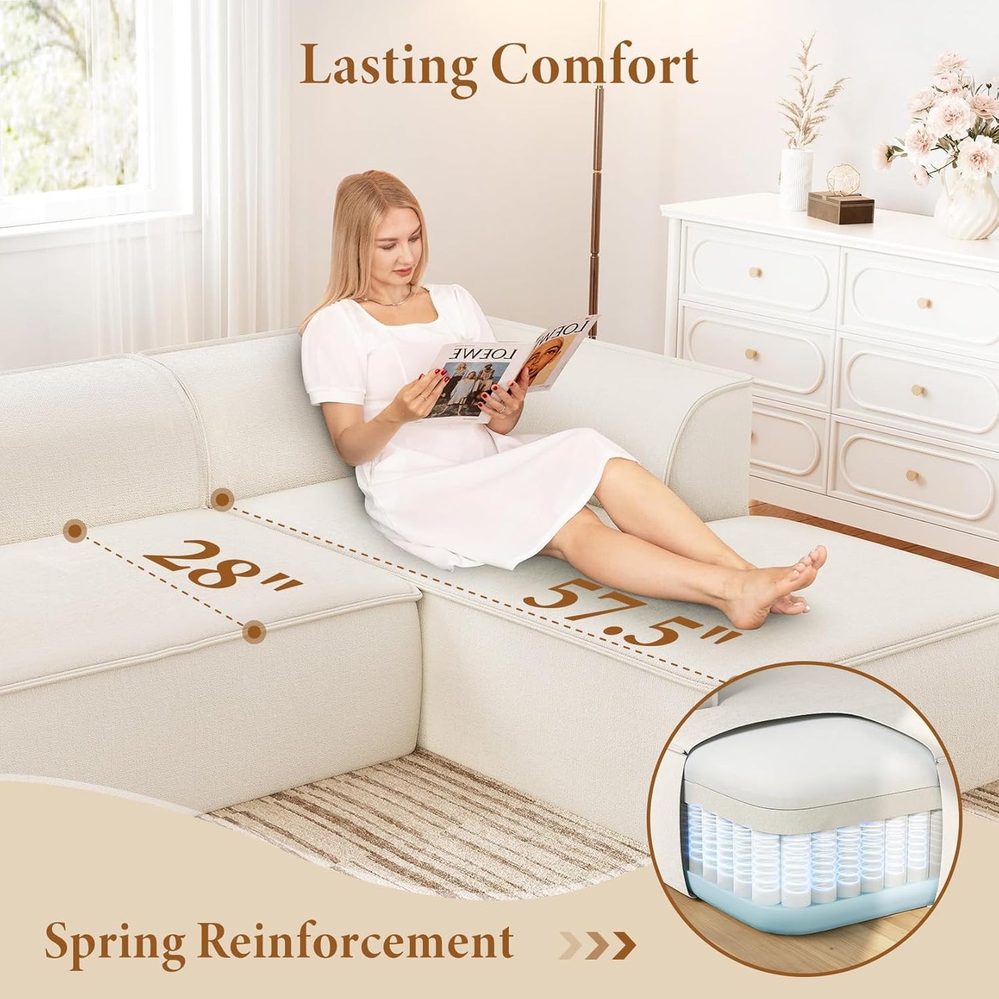 Vesgantti 106" Cloud Sectional Couch with Chaise, Deep Seat Modular Sectional Sofa Chenille Memory Foam Sofa Boneless Couches for Living Room Bedroom, No Assembly Required (Beige, Right-Facing Chaise)