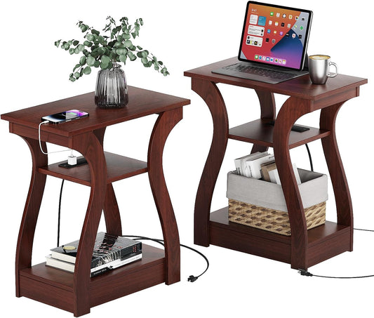 End Tables Living Room Set of 2,Cherry End Table with Charging Station,Side Table, Nightstand for Bedroom, 3 Tier End Table with Storage Shelf for Living Room(Cherry)