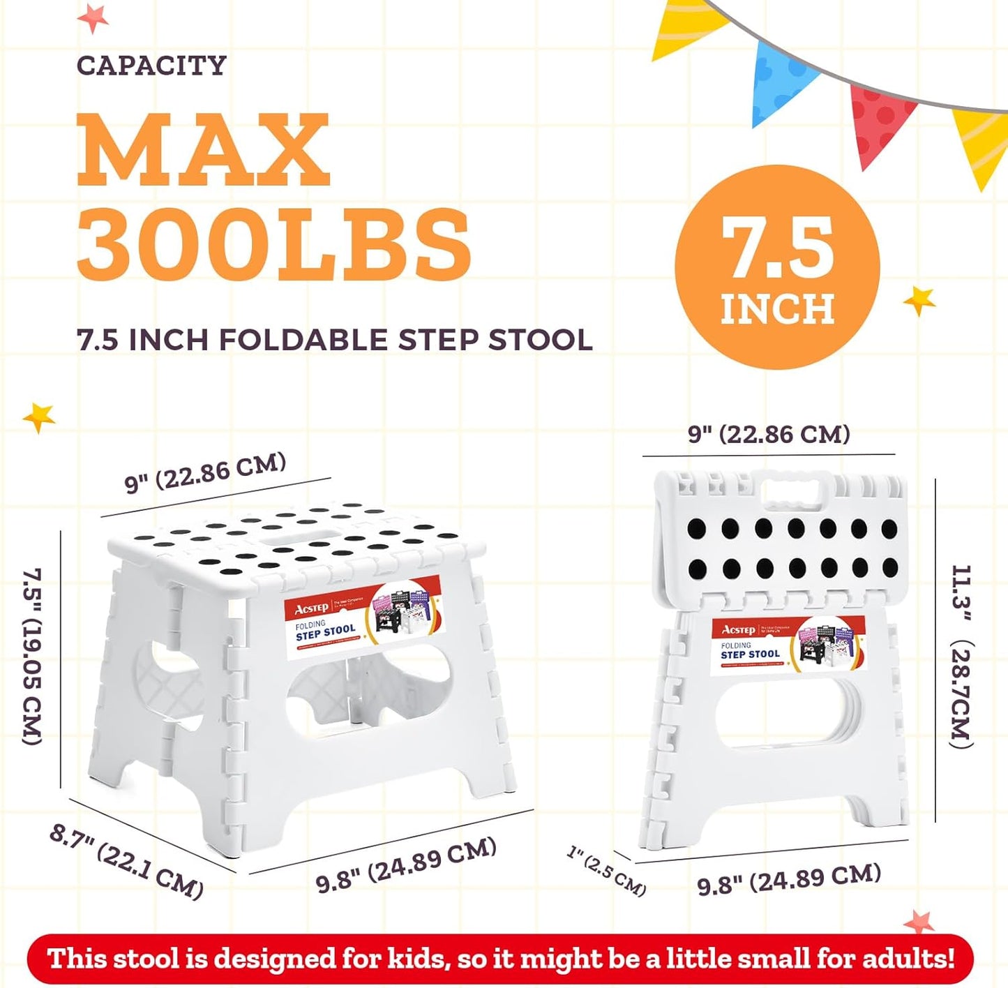 ACSTEP Folding Step Stool, 7.5 Inch Height, 300 lb Capacity, Collapsible, White, Suitable for Kitchen