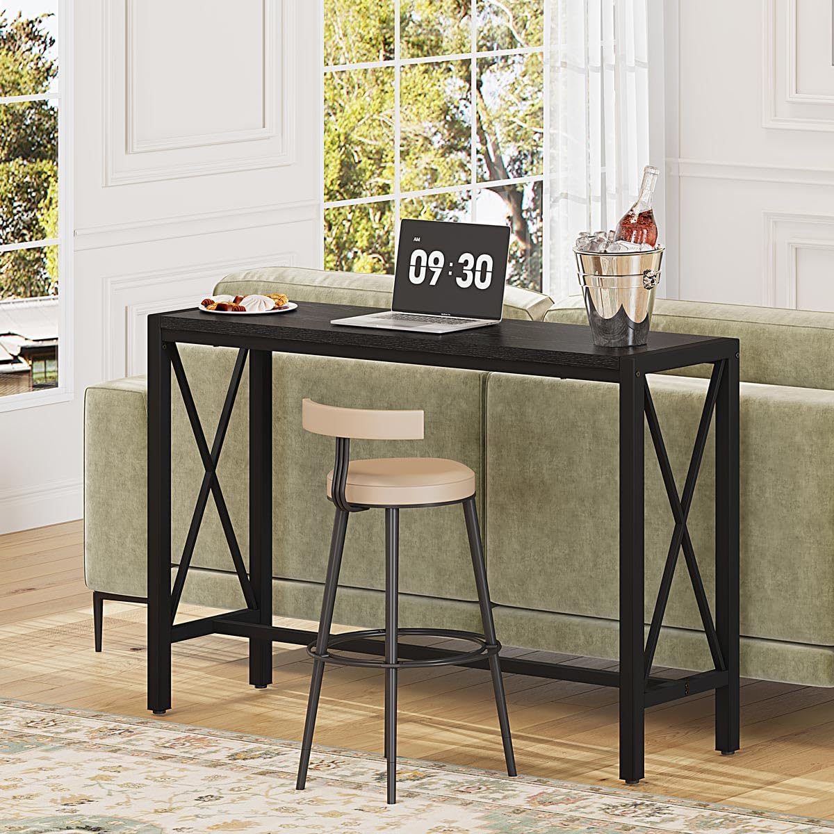 BON AUGURE Bar Table, 55 in Counter Height Pub Table, Tall Narrow Behind Couch Sofa Table, High Top Wood Long Console Tables for Home, Living Room (Black Oak)