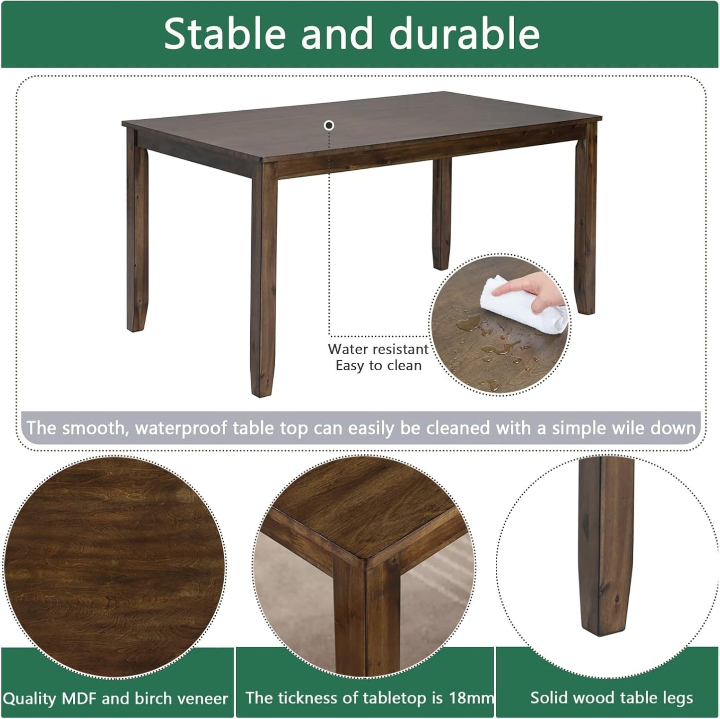 Dining Table Set, Wooden Kitchen Table Set with Rectangular Table, 4 Vertical X Backrest Upholstered Chairs & a Bench, Table and Chairs with Non-Slip Feetmats for 6 People, Living Room, Walnut