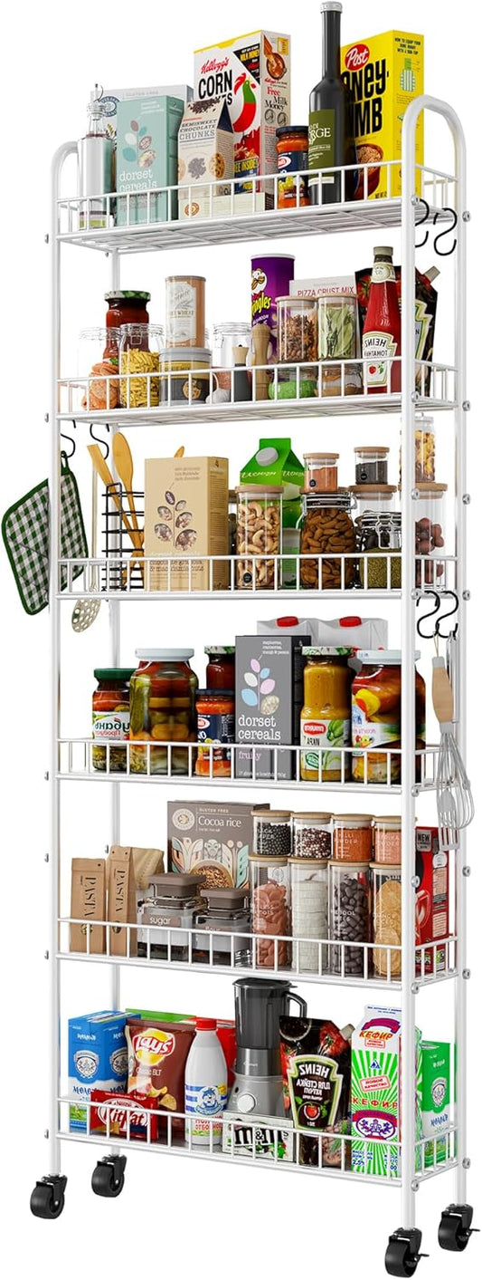 6 Tier Slim Rolling Storage Cart with Wheels, Metal Mobile Shelving Unit Organizer Utility Cart for Office Bathroom Kitchen Laundry Room Narrow Places (White 6 Inches)
