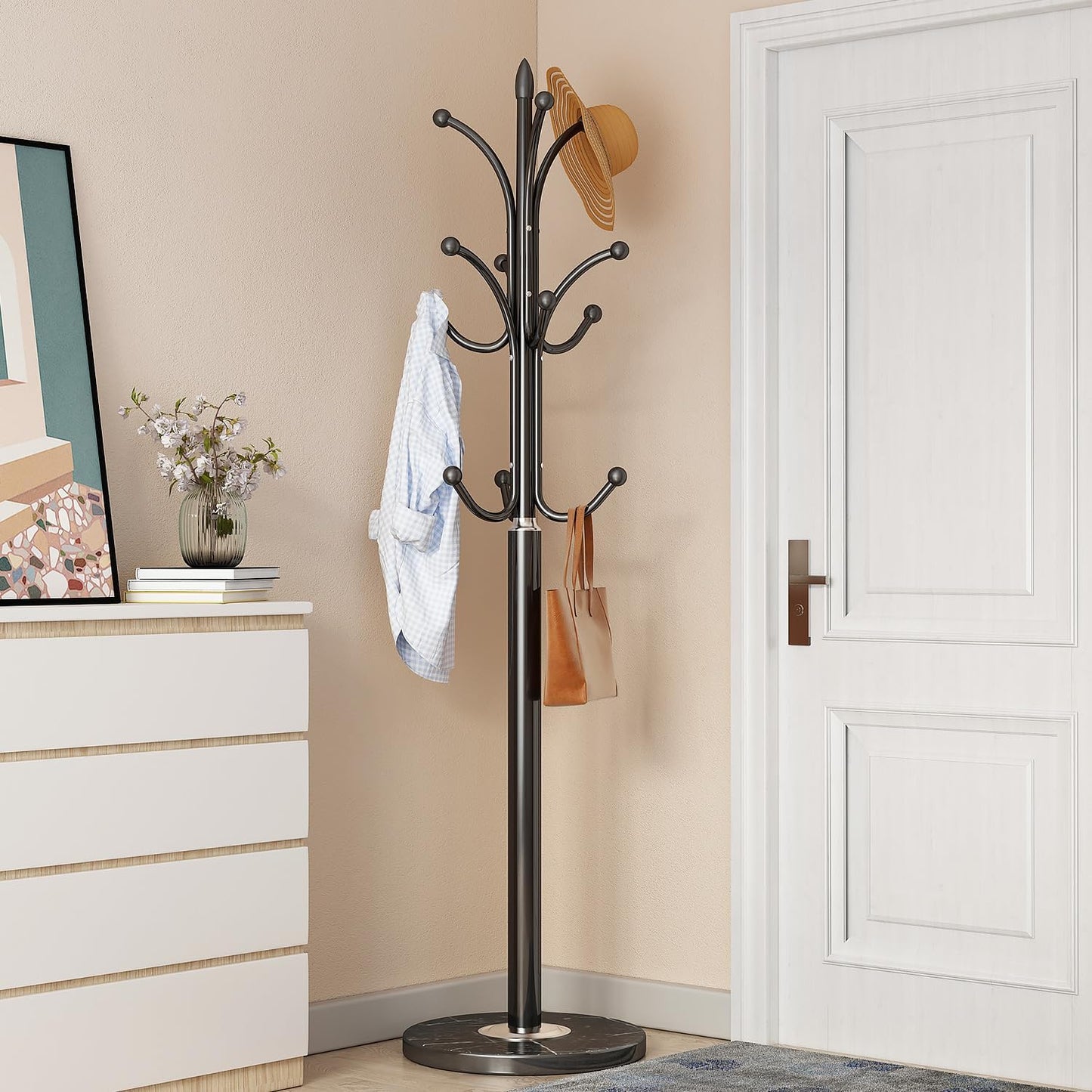Black Coat Rack Freestanding, Metal Coat Hanger Stand, High-grade Entryway Hat Tree Coat Rack Stand with 12 Hooks & Natural Marble Base