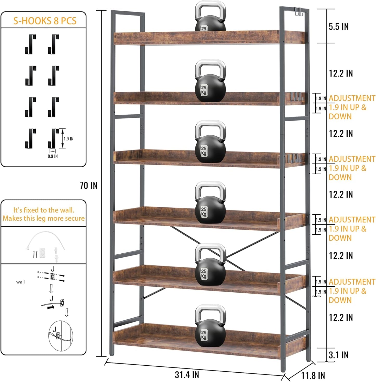 HCHQHS Bookshelf, Adjustable Industrial Bookcase, Vertical Tall Book Shelf, Wood and Black Metal Open Bookshelves for Home Office, Living Room, Bedroom (Rustic Brown, 6-Tier (31" W x 70" H))