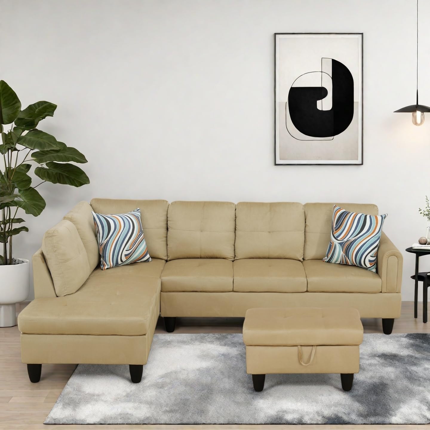 Modern Living Room Furniture Sets with Pillows, Modular Sectional Couches with Chaise Lounge, 4-Seaters L Shape Sofa with Storage Ottoman, for Living Room, Black