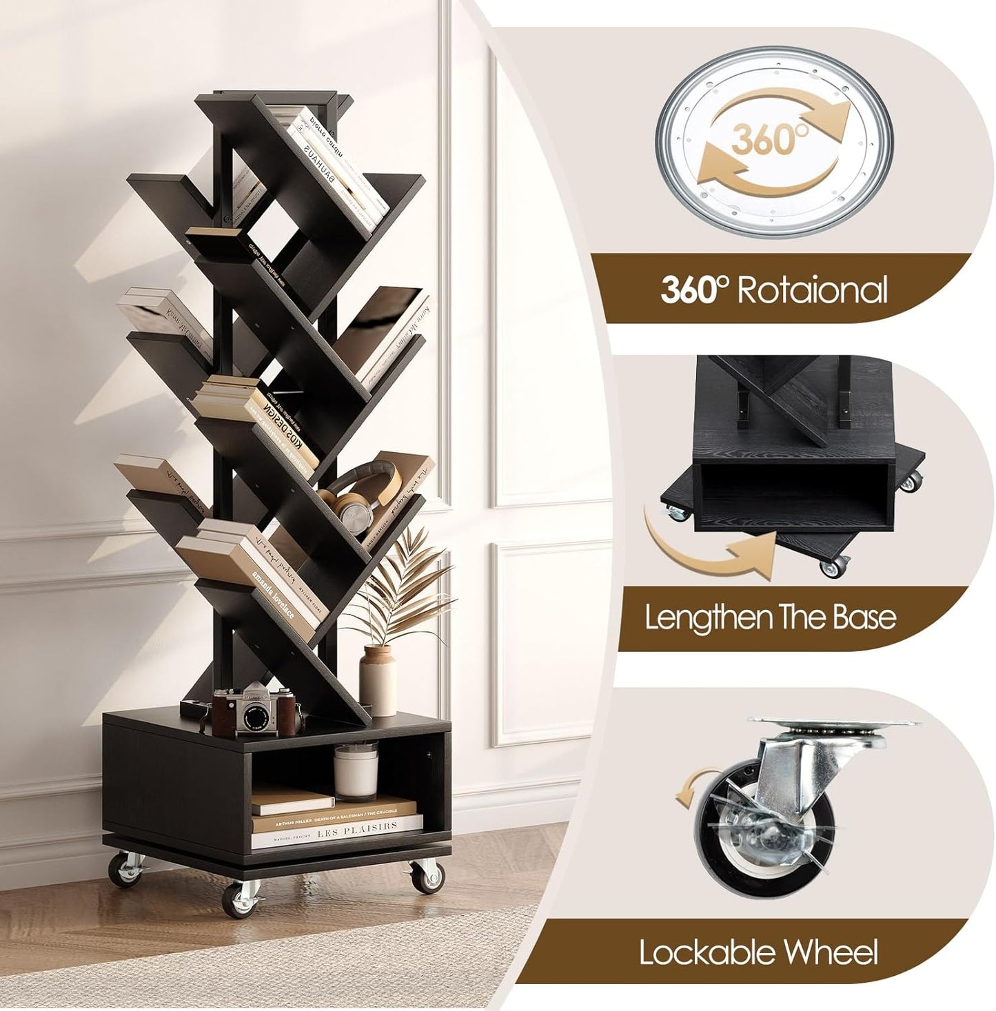 7 Tier Double Sided Rotating Tree Book Shelf, Floor Standing Wood Bookshelf with Adjustable Wheels for Narrow Space, with Storage Cabinet for Books/CDs/Magazine, Black