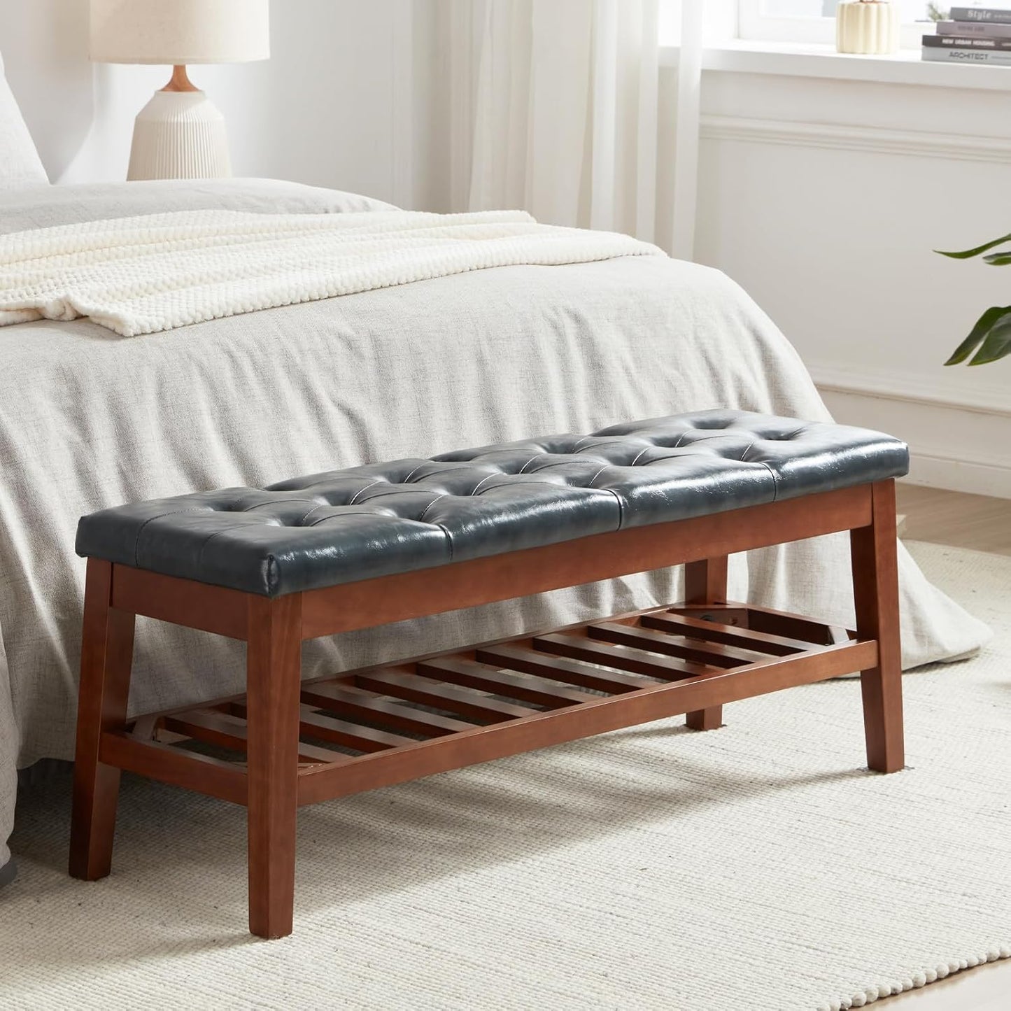 Upholstered Shoe Bench Entryway Bench for Bedroom, End of Bed, Ottoman Bench Tufted Padded Seat with Solid Wood Shelf for Living Room, Faux Leather Ink Blue