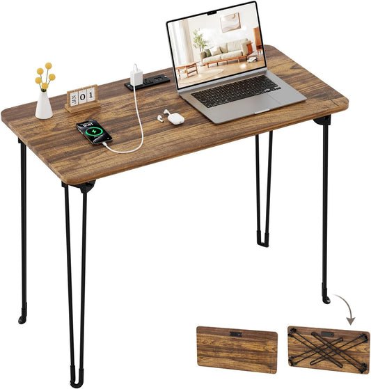 Folding Desk, 31.5" Hairpin Legs Small Desk with Power Strip for Bedroom, Space Saving Foldable Computer Desk for Home Office, No Assembly Need,Brown