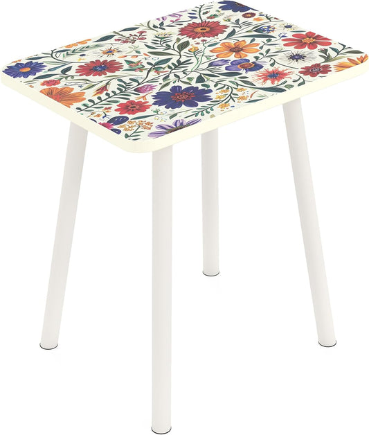 Mandala Small Rectangle End Table, Side Table with Black Flowers Finish, Retro Modern Small Coffee Table for Balcony, Living Room(11.8" D x 15.7" W x 17" H, White, Rectangle)