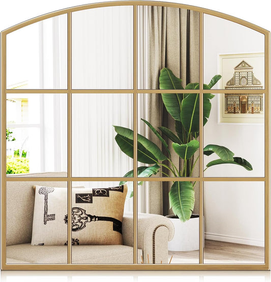 36" x 36" Farmhouse Arched Wall Mirror, Gold Window Pane Mirrors, Rustic Large Grid Mirror for Living Room, Bedroom, Hallway, Entryway