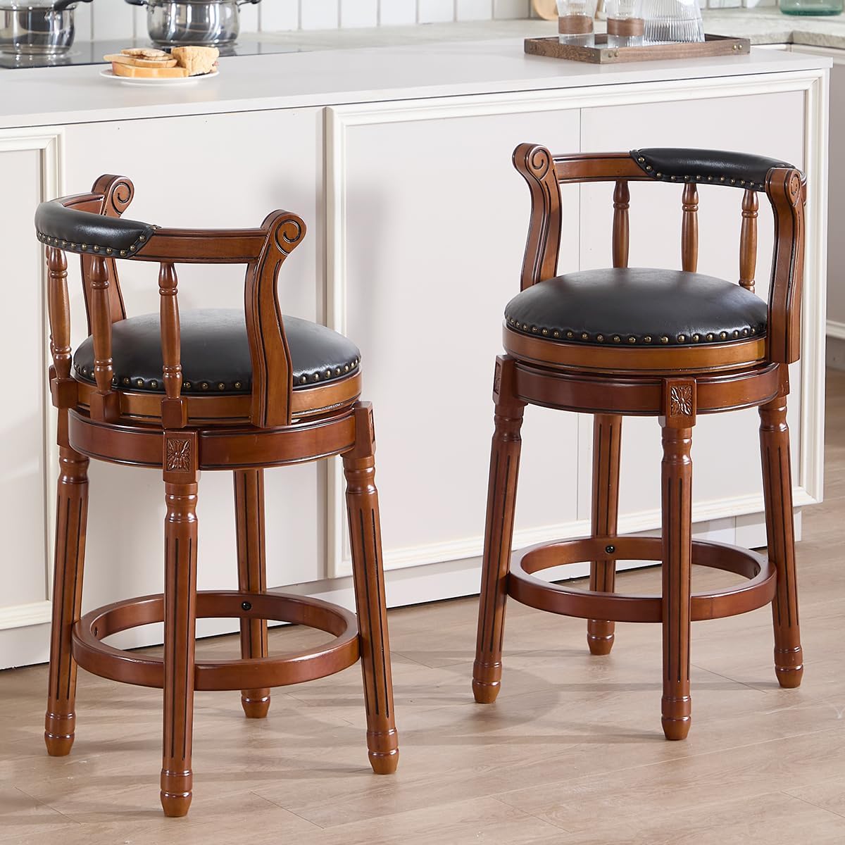 Cow top Leather Wooden Bar Stools, 360 Degree Swivel Bar Height Chair with Backs for Home Kitchen Counter, Morden Chair Barstools (Black, Counter Height-Seat Height 26”)