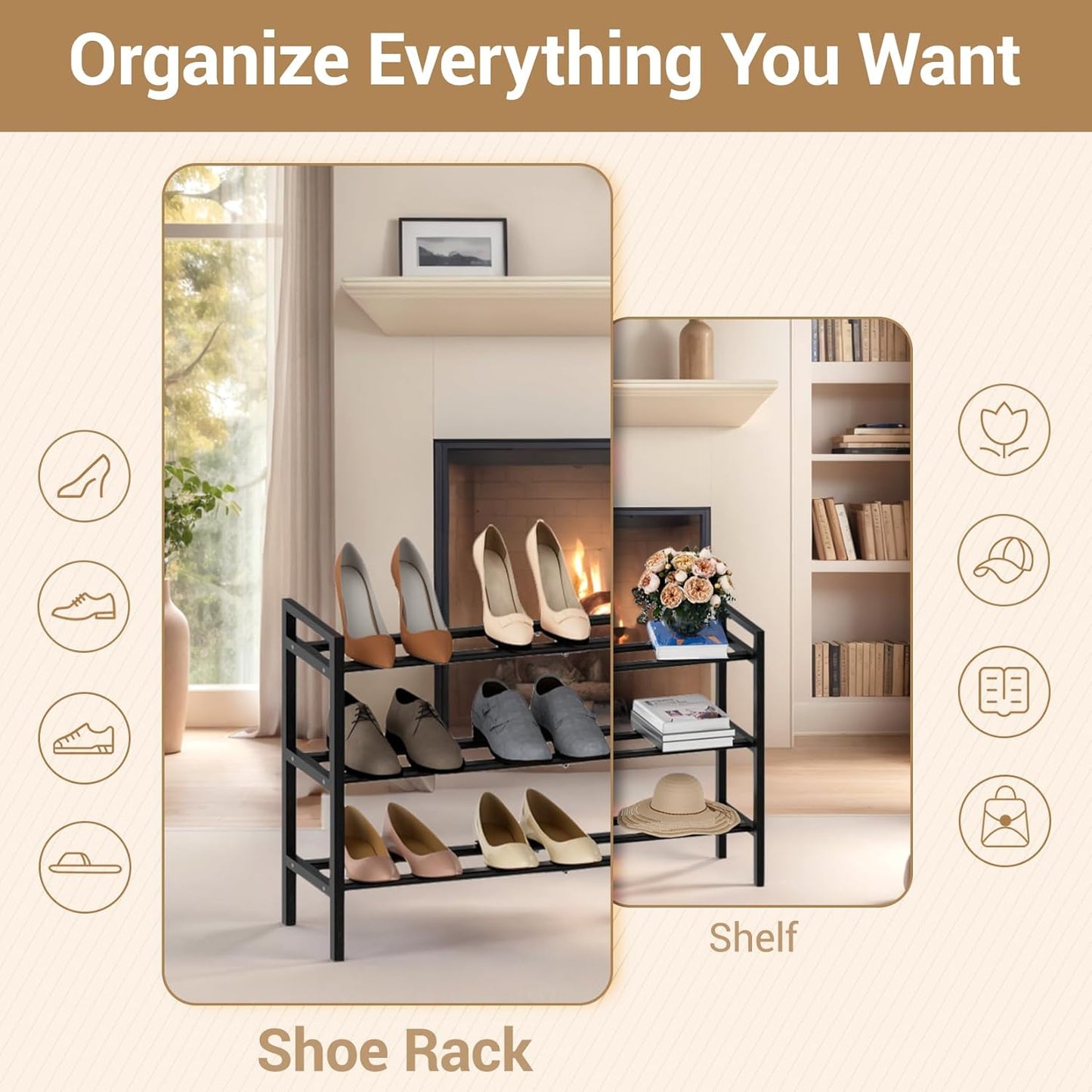 Haddockway Bamboo Shoe Rack for Closet, Free Standing Shoe Organizer with Smooth Round Rods & Convenient Handles, Stackable Shoe Storage Shelf for Entryway, Hallway(Black, 3-Tier)