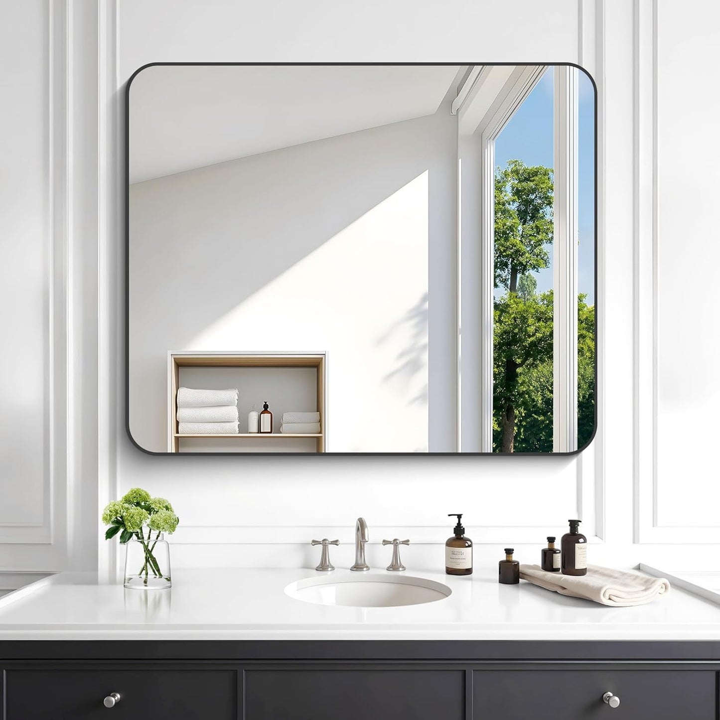KOCUUY 30x36 Inch Rectangle Bathroom Mirror with Black Metal Frame,Modern Design of Wall Mounted Upgraded Shatterproof Glass, Rounded Corners for Bedroom, Living Room, Entryway