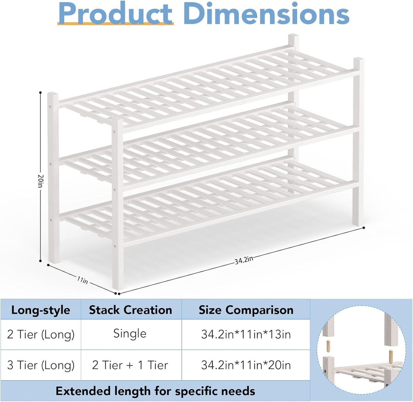 Haddockway Long 3 Tier Bamboo Shoe Rack Storage Organizer, Multifunctional Free Standing Stackable Shoe Shelf with Grid Panel for Closet,Hallway,Entryway,Small Space 34.2"x11"x20"(White, 3-Tier(Long))