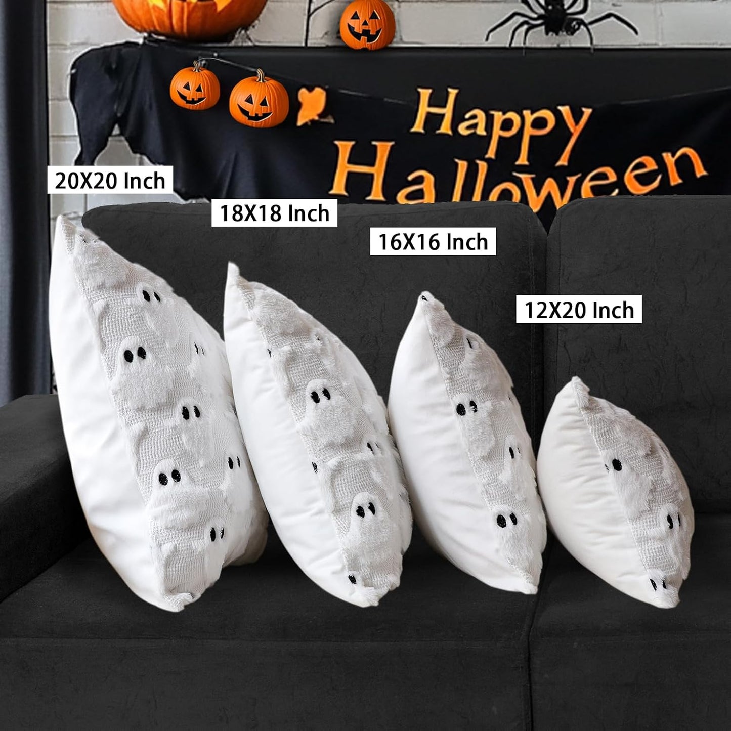 4TH Emotion Halloween Ghost Decorative Pillow Covers 18x18 Set of 2, White Soft Plush Faux Fur Farmhouse Throw Cushion Cases for Fall Autumn Holiday Home Decorations