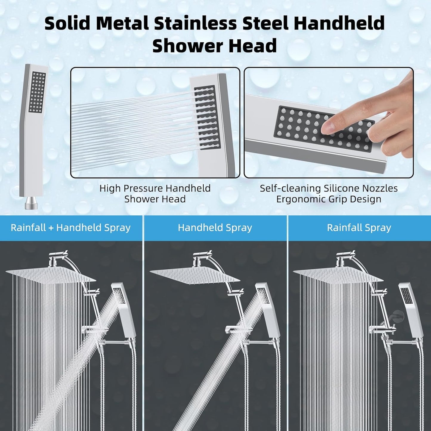 Hibbent All Metal 10'' Rainfall Shower Head, Dual Shower Head Combo, High Pressure Handheld Shower Wand, 16'' Adjustable Arc-shaped Shower Extension Arm, 71'' Hose, Showerhead Holder, Chrome