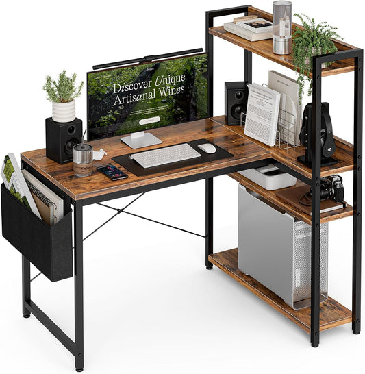 40 Inch L Shaped Computer Desk with Reversible Storage Shelves, Home Office Corner Desk Study Writing Table with Hutch, Study, Rustic Brown