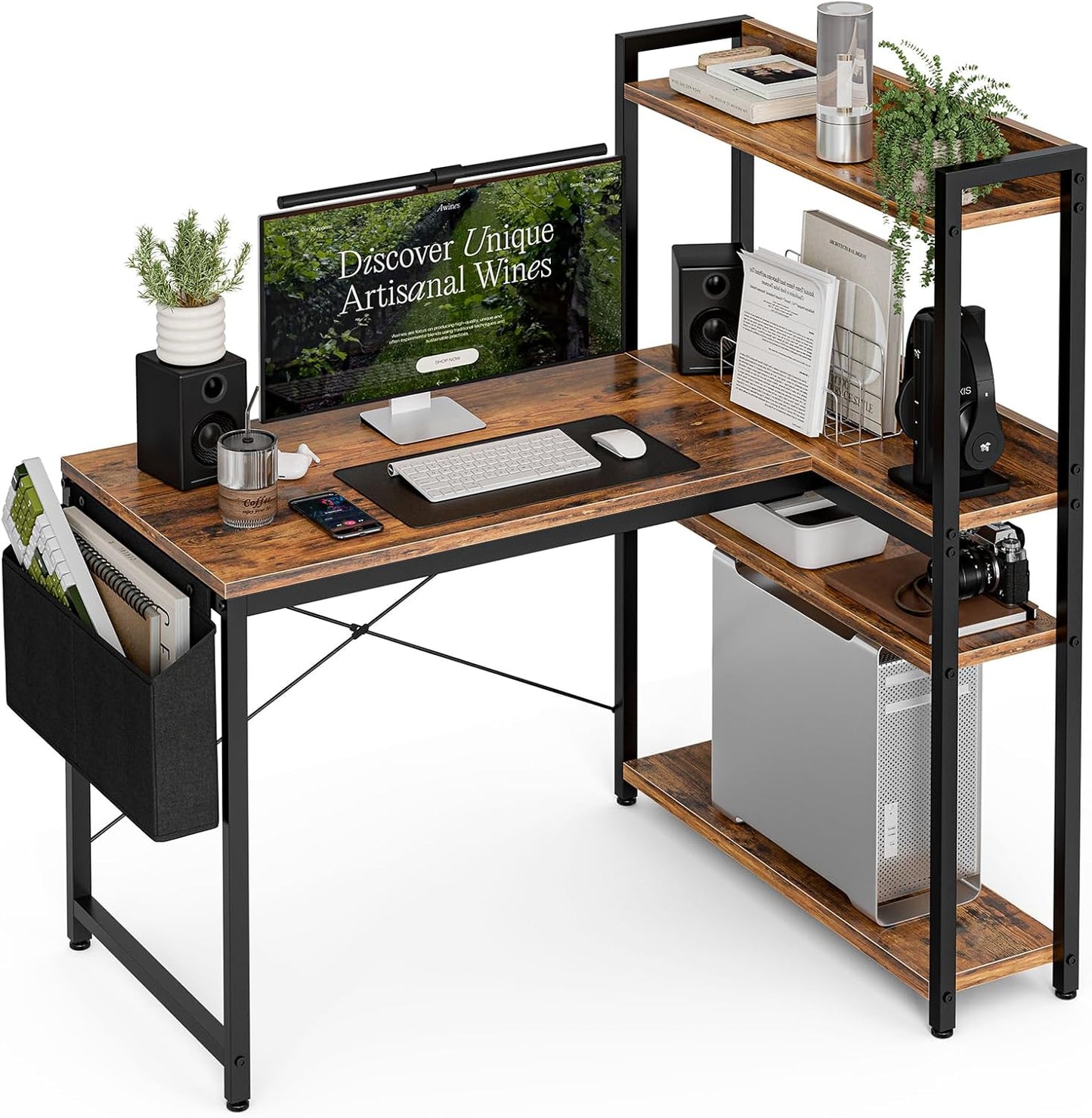 47 Inch L Shaped Computer Desk with Reversible Storage Shelves, Home Office Corner Desk Study Writing Table with Hutch, Study, Rustic Brown