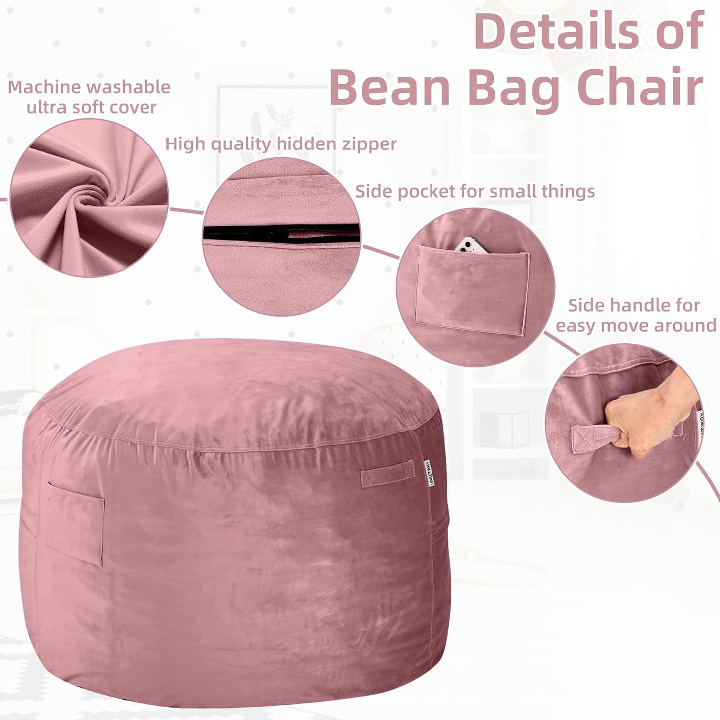 HABUTWAY Bean Bag Chair: Giant 4' Memory Foam Furniture Bean Bag Chairs for Adults with Microfiber Cover 4Ft (Soft Pink)