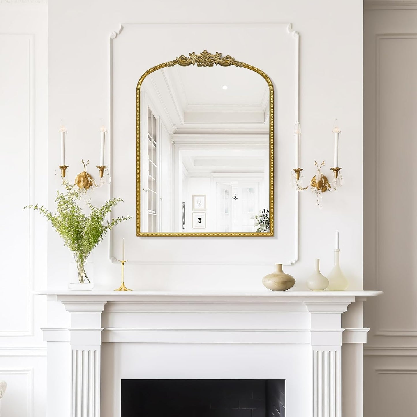 WallBeyond Gold Vintage Mirror - 22x30 Inch, Arched Antique Mirror with Ornate Frame for Bathroom, Living Room, Fireplace, Entryway