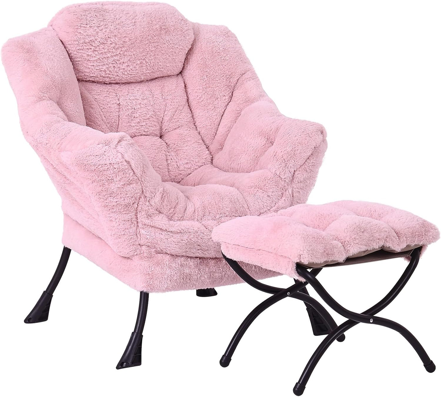 Lazy Chair with Folding Ottoman, Modern Accent Lounge Armchair with Armrests and a Side Pocket & Foldable Footstool, Leisure Reading Chair for Living Room, Bedroom, Dorm & Office, Plush Pink