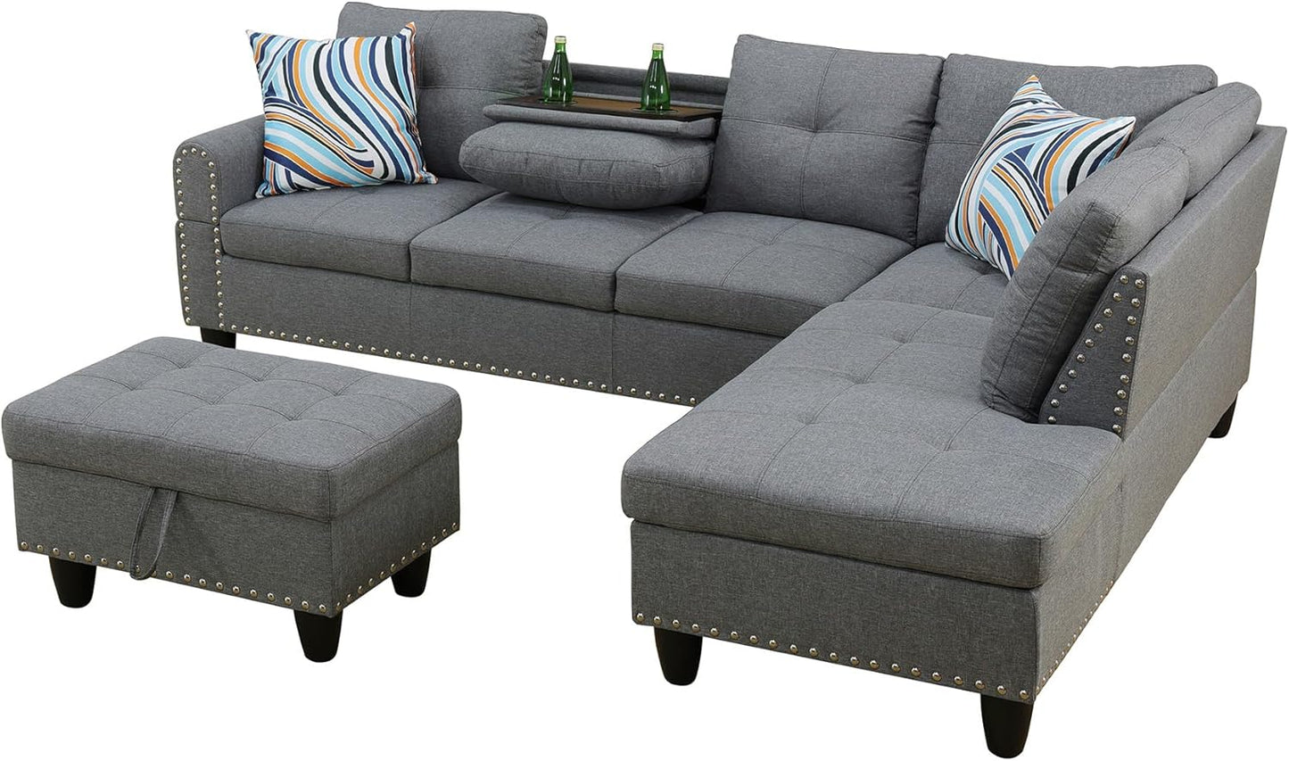 Couches for Living Room Modern L Shaped Couch Comfy Linen Fabric 3 Pieces Sectional Sofa with Chaise, Ottoman with Storage for Office and Small Apartment, Charcoal
