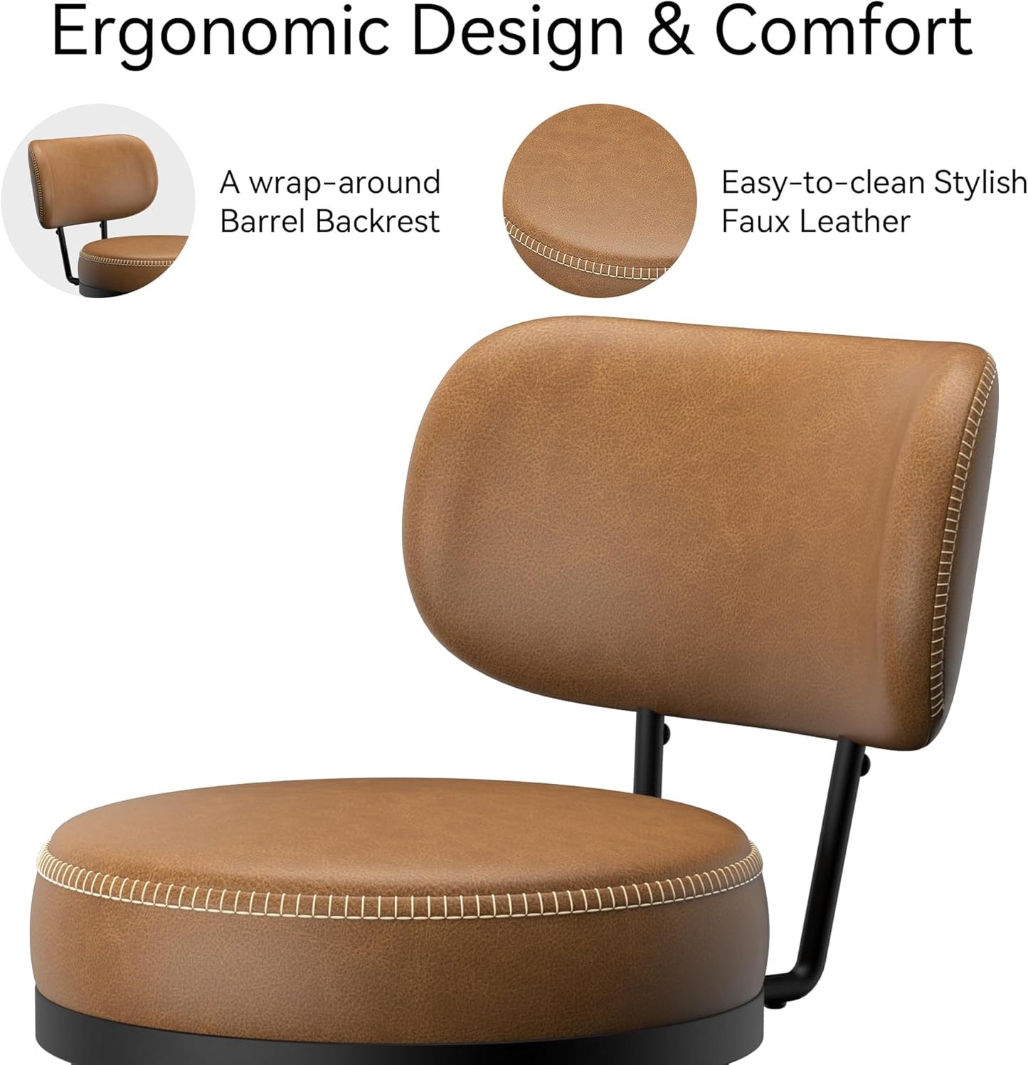 Counter Height Bar Stools, 26" H Swivel Barstools Set of 6, Faux Leather Kitchen Counter Stools with Back and Stylish Stitching, Metal Frame, Pub, Home Bar, Whisky Brown