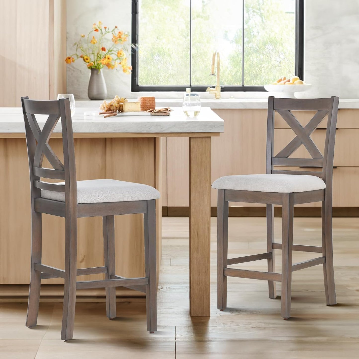 COLAMY Wooden Bar Stools Set of 2, Counter Height Bar Stools, Mid Century Modern Bar Stools with Backs, 25 Inch Upholstered Fabric Wooden Barstools for Kitchen Island Dining Room Bar, Light Brown Wash