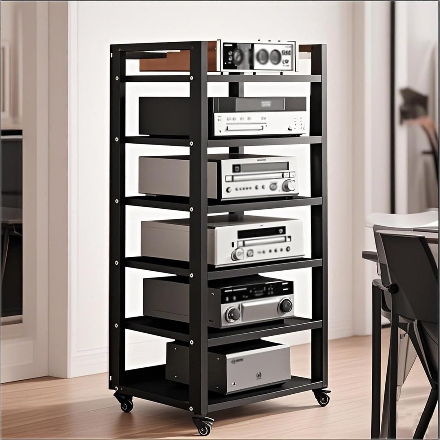 6 Tier Audio Rack Tower, CD Record Player Stereo Receiver AV Equipment Cabinet Display Rack, Weight Capacity 661 lbs, with Adjustable Wooden Shelves for Home (BIACK, 6 Tier 47×19.7×15.7IN)
