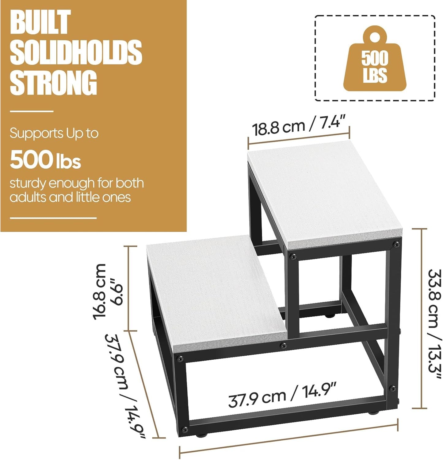 Wood and Metal 2 Step Stool for Adults & Kids – Heavy Duty Rustic Step Stools, 500 Lbs Capacity Non-Slip Stepping Stool for High Beds, Kitchen, Bathroom, Closet, Durable Foot Stool for Home Use,White