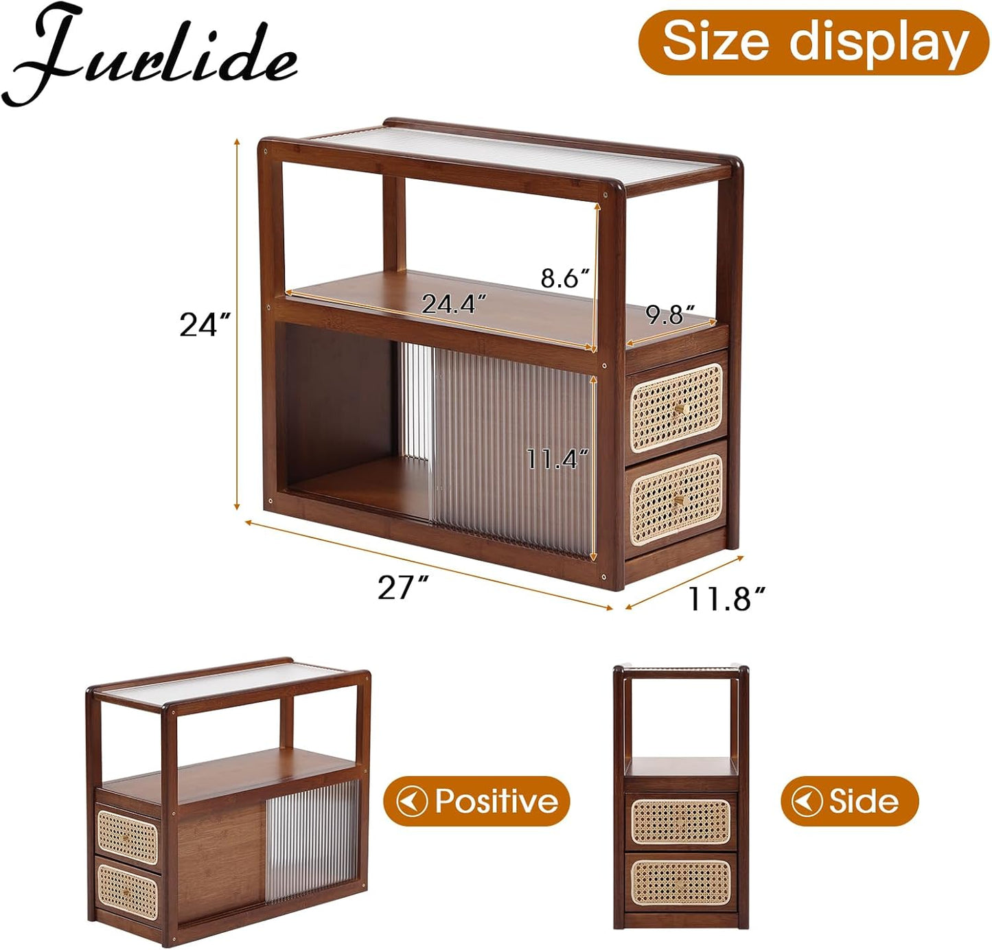 Rattan Nightstand Side Table with Storage, Bamboo Nightstand Bedside Table, Glass Mid Century Modern End Tables for Small Spaces, Living Room, Bedroom，Walnut