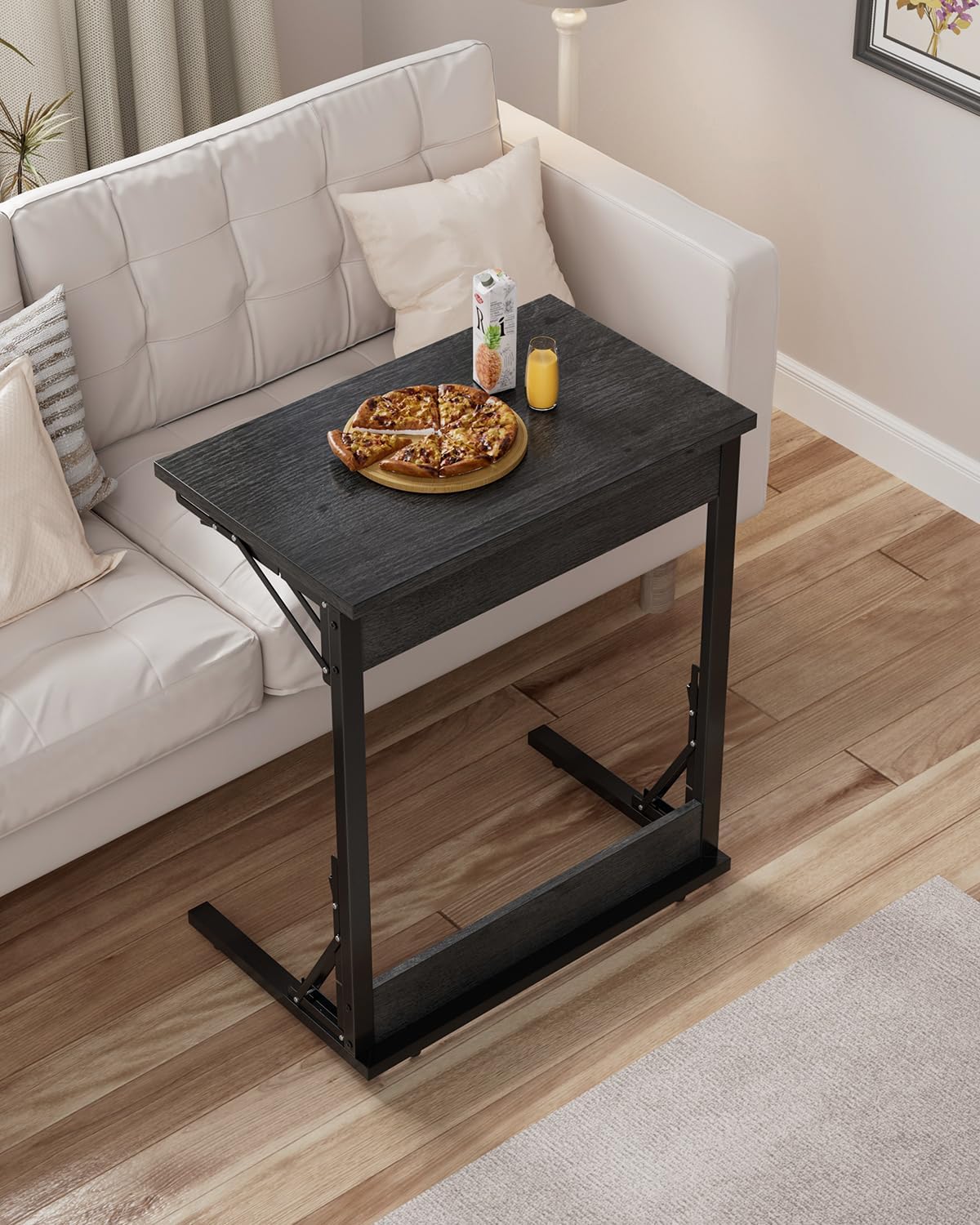 Tatub 24" Wide Folding C-Shaped End Table, Small Side Desk for Couch, Sofa TV Tray Table with Metal Frame for Living Room, Bedroom, Light Gray