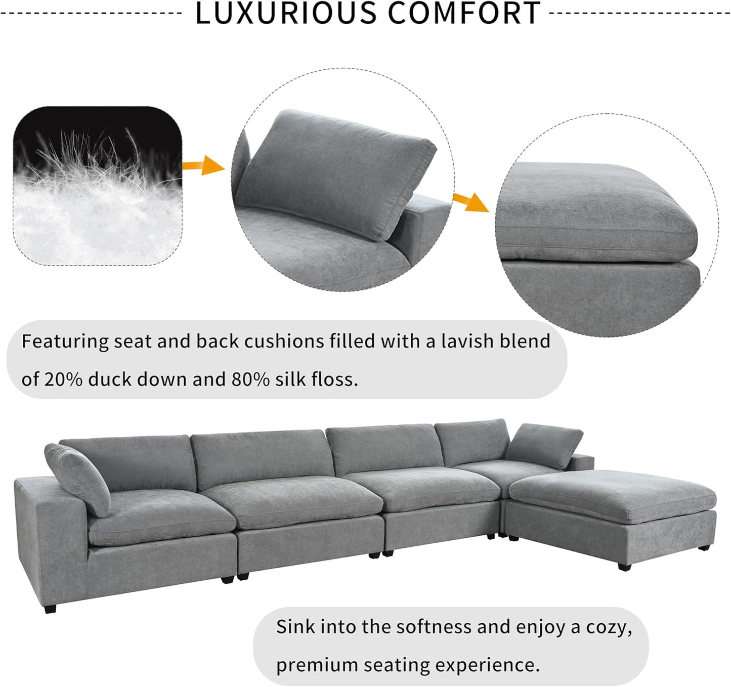 176.4 Inch L Shaped Modular Sectional Sofa with Removable Ottoman, 5-Seater Oversized Deep Seat Corner Couch for Living Room, Apartment, Office, Spacious Space, Grey