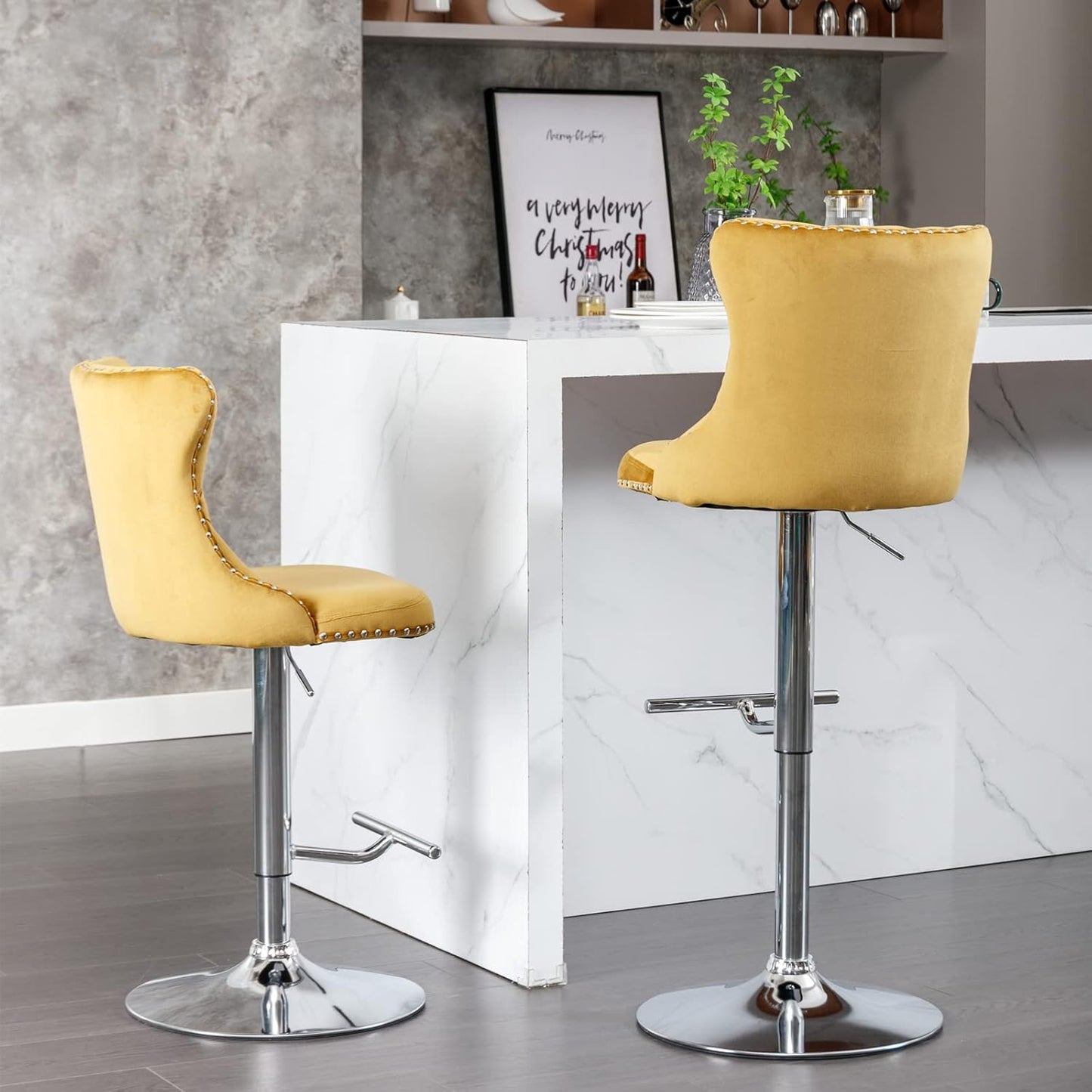 PacknWood Acosure Swivel Velvet Bar Stools Adjusatble Seat Height from 25-33" with Backs Comfortable Tufted,Modern Upholstered Chrome Base BarChairs for Home Pub Kitchen,Gold,Set of 2